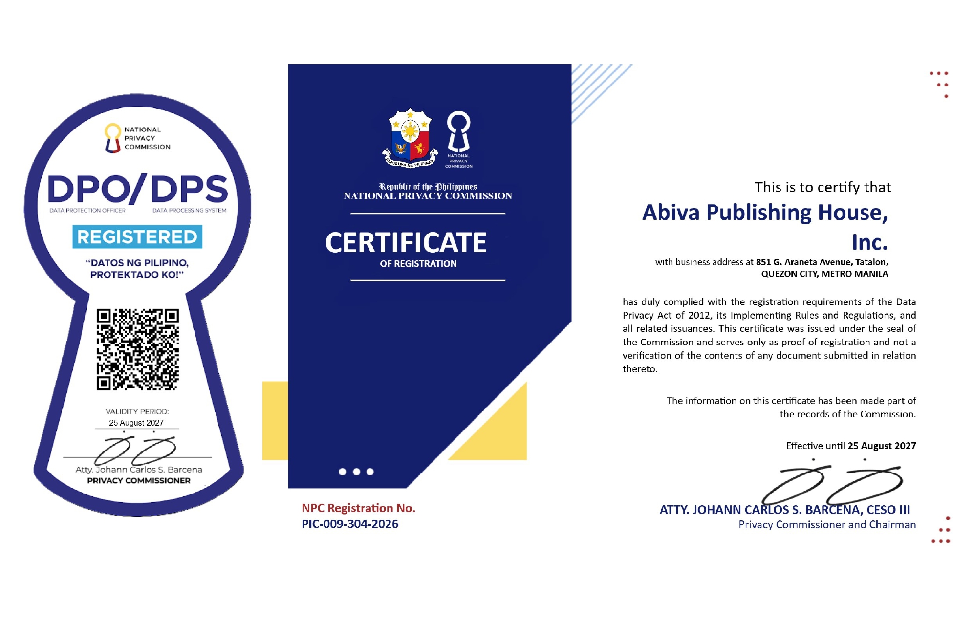 National Privacy Commission seal and certificate of registration